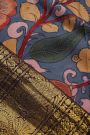 Kalamkari Silk Sky Blue Saree With Peacocks And Florals Border