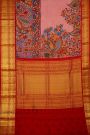 Kalamkari Silk Baby Pink Saree With Peacocks In Zari Lines Border