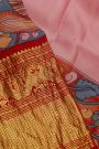 Kalamkari Silk Baby Pink Saree With Peacocks In Zari Lines Border
