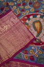 Kalamkari Silk Blue Saree With Elephants And Florals Border