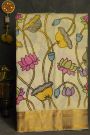 Kalamkari Cream Saree With Diamonds And Cross Lines Border