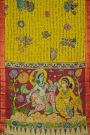 Kalamkari Yellow Saree With Florals And Cross Lines Border