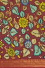 Kalamkari Yellow Saree With Florals And Cross Lines Border
