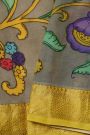 Kalamkari Grey Saree With Diamonds And Cross Lines Border
