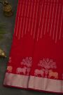 Chanderi Silk Red Saree With Florals And Pichwai Cows Body
