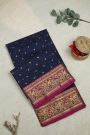 Chanderi Silk Navy Blue Saree With Florals And Leaves In Zari Border