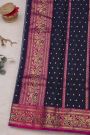 Chanderi Silk Navy Blue Saree With Florals And Leaves In Zari Border