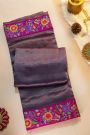 Fancy Tussar Midnight Blue Saree With Florals And Leaves In Thread Work Border