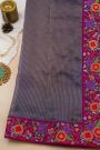 Fancy Tussar Midnight Blue Saree With Florals And Leaves In Thread Work Border