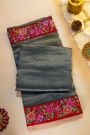 Fancy Tussar Midnight Blue Saree With Florals And Leaves In Thread Work Border