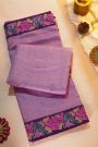 Fancy Tussar Lavender Saree With Florals And Leaves In Thread Work Border