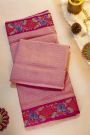 Fancy Tussar Baby Pink Saree With Florals And Leaves In Thread Work Border