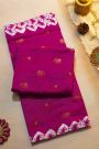 Fancy Tussar Rani Pink Saree With Elephant Buttis In Thread Work Body