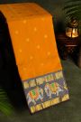 Gadwal Silk Orange Saree With Tanjore Hand-Painted Florals And Elephants Border