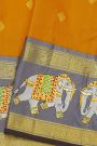 Gadwal Silk Orange Saree With Tanjore Hand-Painted Florals And Elephants Border