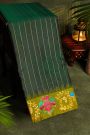 Gadwal Silk Bottle Green Saree With Tanjore Hand-Painted Florals And Gandaberunda Border