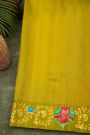 Gadwal Silk Bottle Green Saree With Tanjore Hand-Painted Florals And Gandaberunda Border
