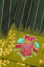 Gadwal Silk Bottle Green Saree With Tanjore Hand-Painted Florals And Gandaberunda Border