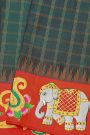 Gadwal Silk Peacock Green Saree With Tanjore Hand-Painted Elephant & Paisley Border