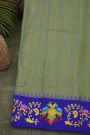 Gadwal Silk Mehendi Green Saree With Tanjore Hand-Painted Florals And Gandaberunda Border