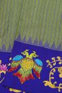 Gadwal Silk Mehendi Green Saree With Tanjore Hand-Painted Florals And Gandaberunda Border