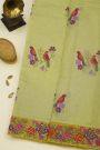 Fancy Kora Light Yellow Saree With Florals And Butterflies In Thread Work Border