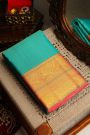 Kancheepuram Silk Sky Blue Saree With Zari Lines Body Contrast Border