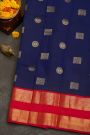 Kancheepuram Silk Royal Blue Saree With Florals And Peacocks Traditional Gap Border