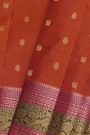 Kancheepuram Silk Rust Orange Saree With Florals And Leaves Jaal With Peacocks Border
