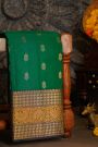Kancheepuram Silk Green Saree With Floral Jaal With Buttis In Checks Border