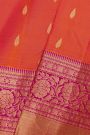 Kancheepuram Silk Peach Saree With Florals And Leaves With Cross Lines Border