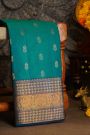Kancheepuram Silk Teal Blue Saree With Florals And Leaves With Temples Border