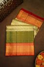 Kanchipuram Silk Tissue Saree With Gold and Silver Zari Floral Body, Green and Red Double Border