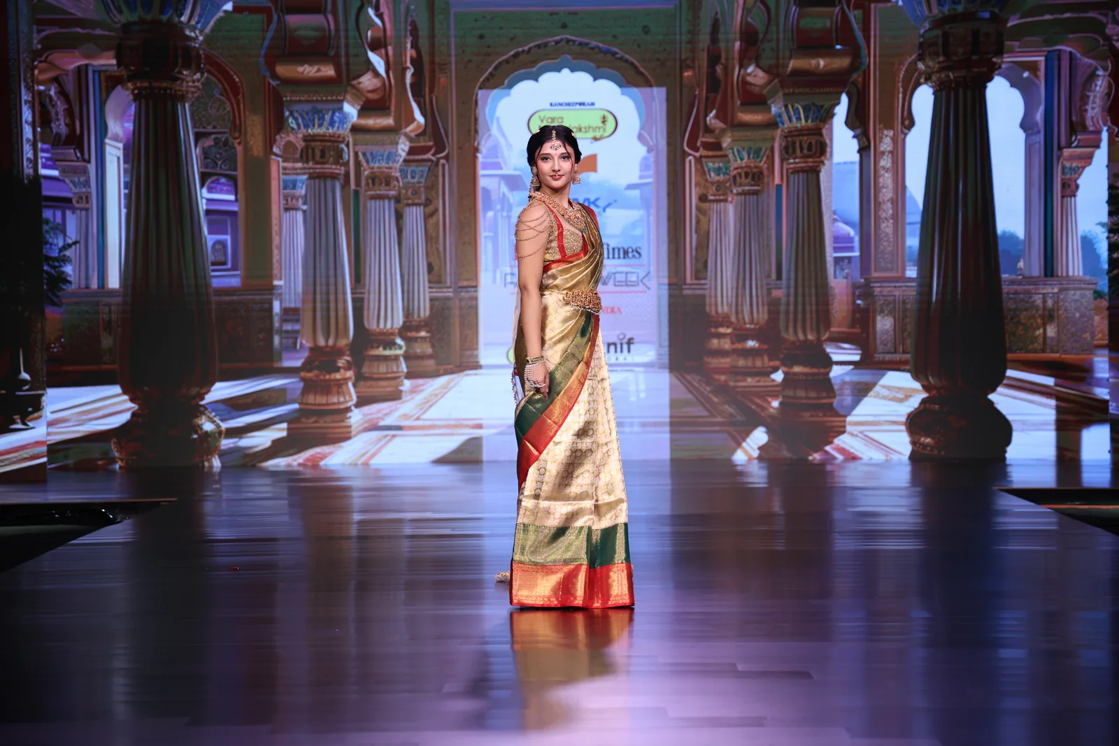Close view of the saree showing its gold and silver zari details