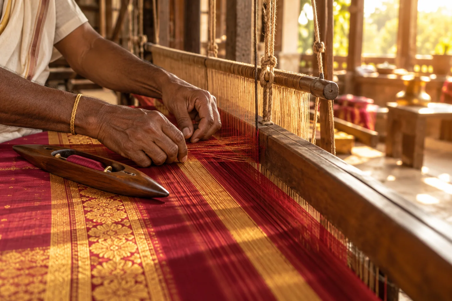 Artisan's hands weaving gold zari on a wooden handloom